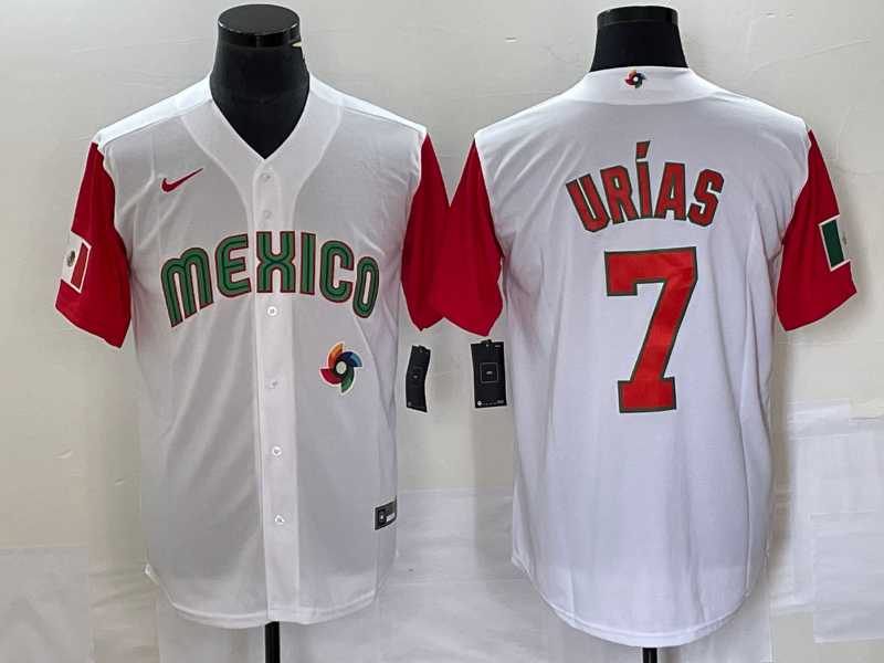 Men's Mexico Baseball #7 Julio Urias Number 2023 White Red World Classic Stitched Jersey23
